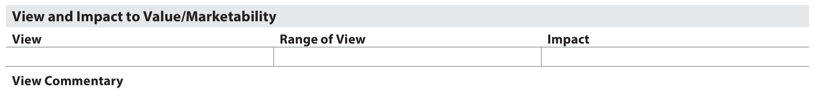 A view has a type, an extent, and an impact. Official UAD 3.6 report layout, report page 5.